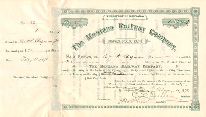 Montana Railway Co. signed by C.S. Mellen and Geo. H. Earl